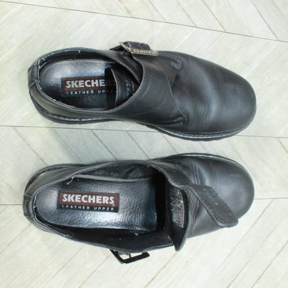 Skechers Black Leather Slip-on Round Toe Buckled Casual Shoes Size 7.5 - Picture 7 of 9